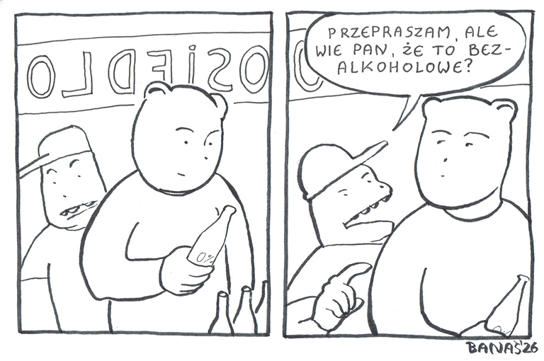 Dwukadrowy komiks. Klient bierze butelkę ze sklepowej półki, a sprzedawca przypomina mu, że jest bezalkoholowa.